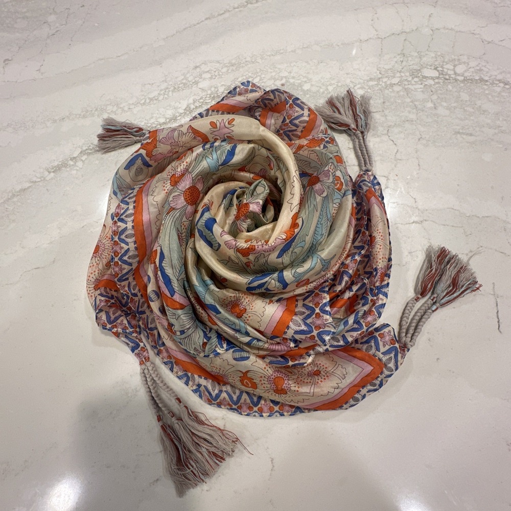 Johnny Was Silk Scarf Wrap Floral Print with Tassels Large Square 43"x43" - Picture 7 of 10